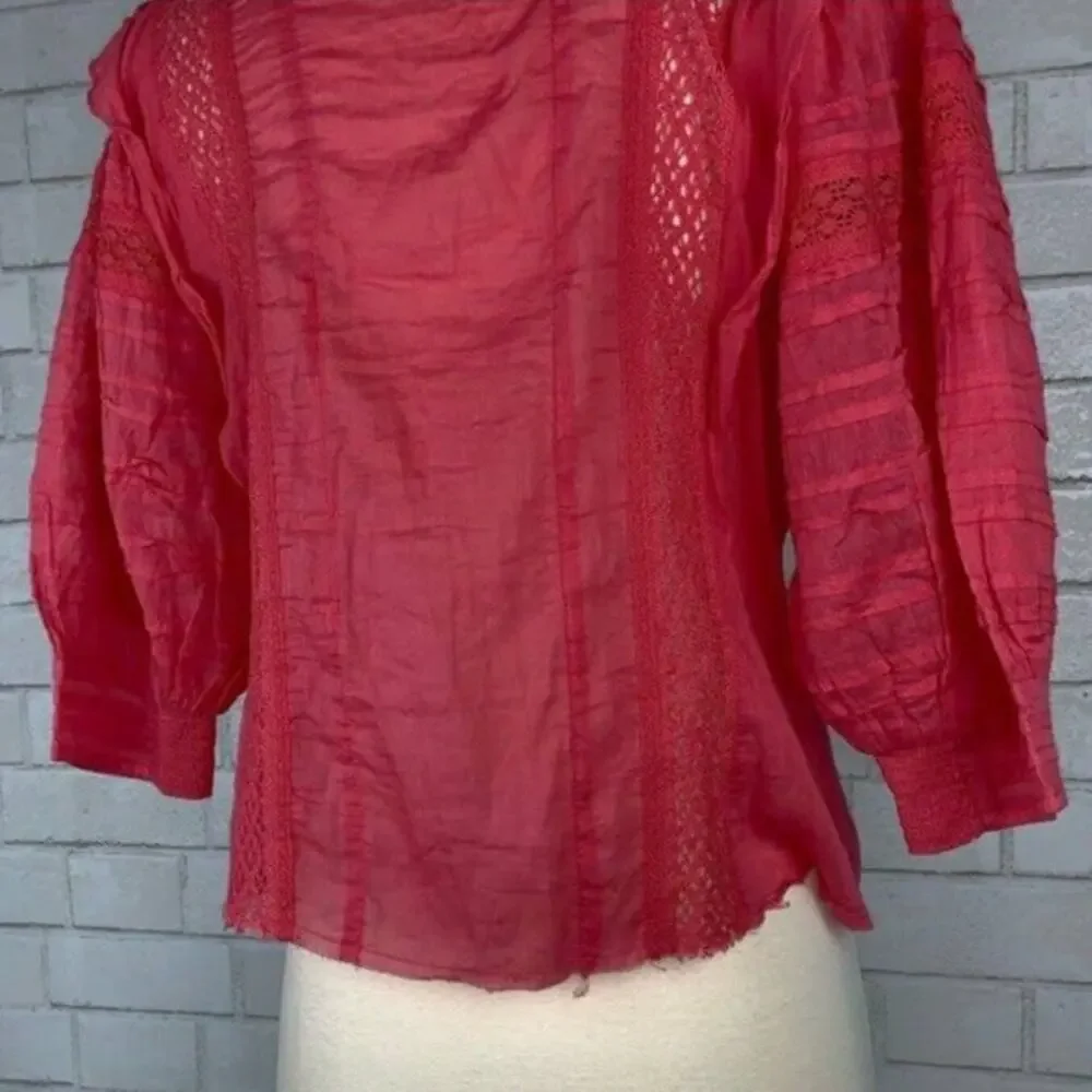 FP FREE PEOPLE Lace Crochet Puff Poof Sleeve Button Front Victorian Blouse XS